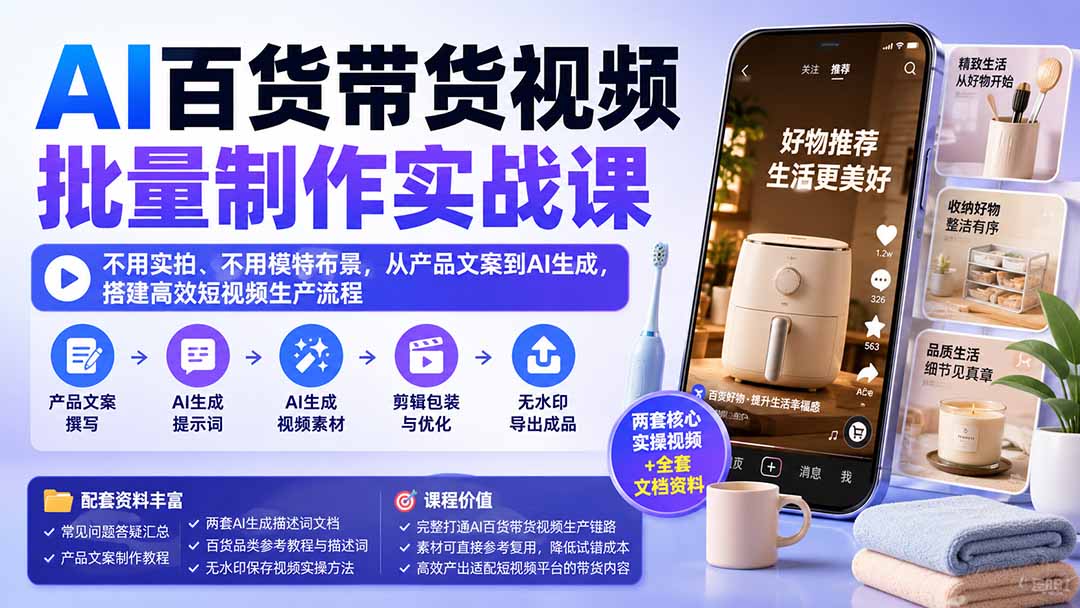 AI百货带货视频批量制作实战课：不用实拍、不用模特布景，从产品文案到AI生成，搭建高效短视频生产流程-鑫梵淘