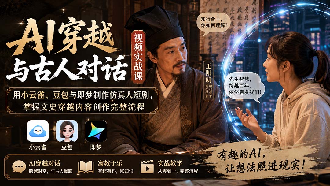 AI穿越与古人对话视频实战课：用小云雀、豆包与即梦制作仿真人短剧，掌握文史穿越内容创作完整流程-鑫梵淘