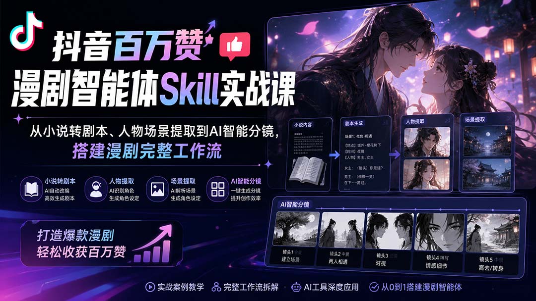抖音百万赞漫剧智能体Skill实战课：从小说转剧本、人物场景提取到AI智能分镜，搭建漫剧完整工作流-鑫梵淘
