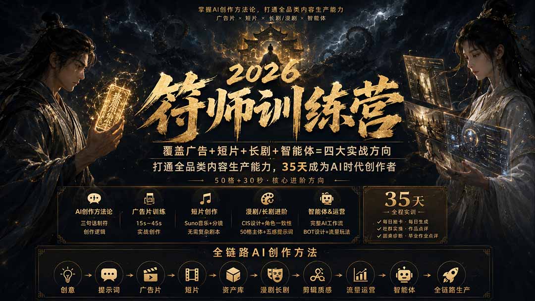 符师训练营-35天成为AI时代创作者，广告+短片+漫剧+智能体四大实战方向，掌握从创意到上线的完整工作流-鑫梵淘