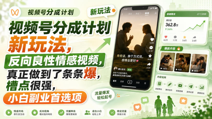 视频号分成计划新玩法，反向良性情感视频，真正做到了条条爆，槽点很强，小白副业首选项-鑫梵淘