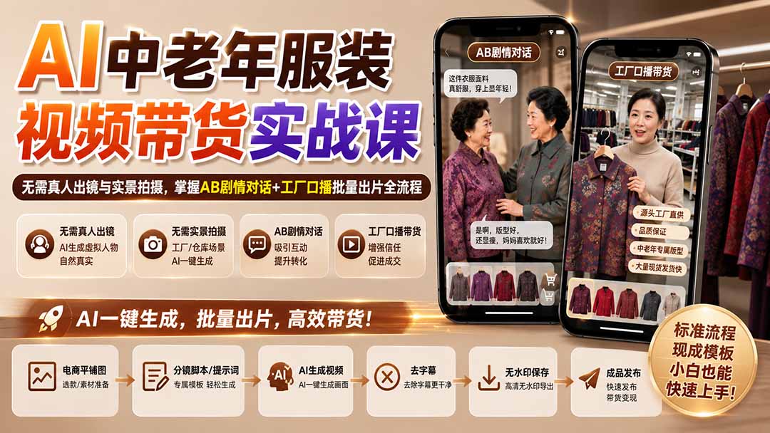 AI中老年服装视频带货实战课：无需真人出镜与实景拍摄，掌握AB剧情对话+工厂口播批量出片全流程-鑫梵淘