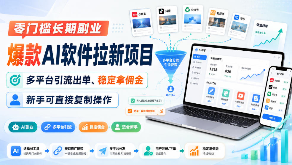 零门槛长期副业，爆款AI软件拉新项目，多平台引流出单、稳定拿佣金，新手可直接复制操作-鑫梵淘