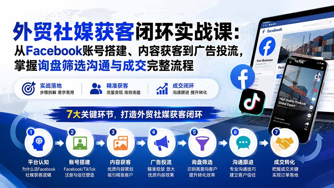 外贸社媒获客闭环实战课：从Facebook账号搭建、内容获客到广告投流，掌握询盘筛选沟通与成交完整流程-鑫梵淘