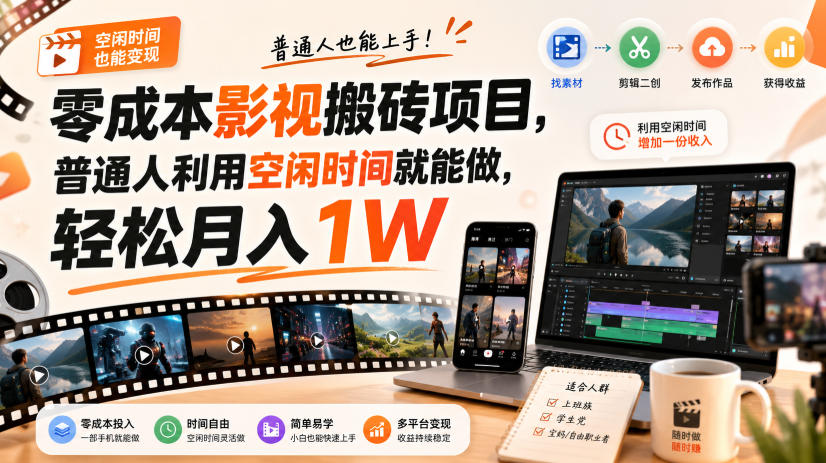 零门槛影视搬砖项目，月入万元，玩法稳定普通人可落地的长期副业！-鑫梵淘