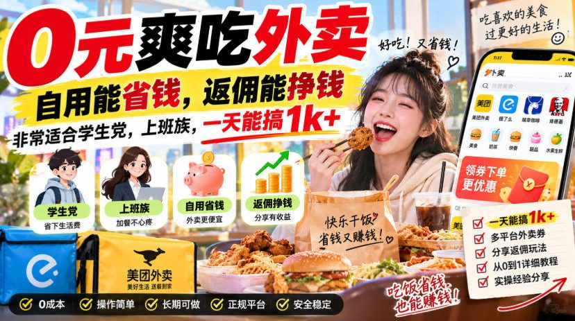 0元爽吃外卖，自用能省钱，返佣能挣钱，非常适合学生党，上班族，一天能搞1k+-鑫梵淘