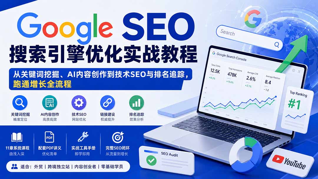 Google SEO搜索引擎优化实战教程：从关键词挖掘、AI内容创作到技术SEO与排名追踪，跑通增长全流程-鑫梵淘