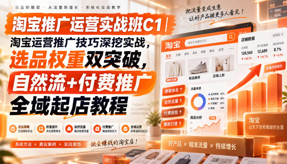 淘宝推广运营实战班C1｜淘宝运营推广技巧深挖实战，选品权重双突破，自然流+付费推广全域起店教程-鑫梵淘