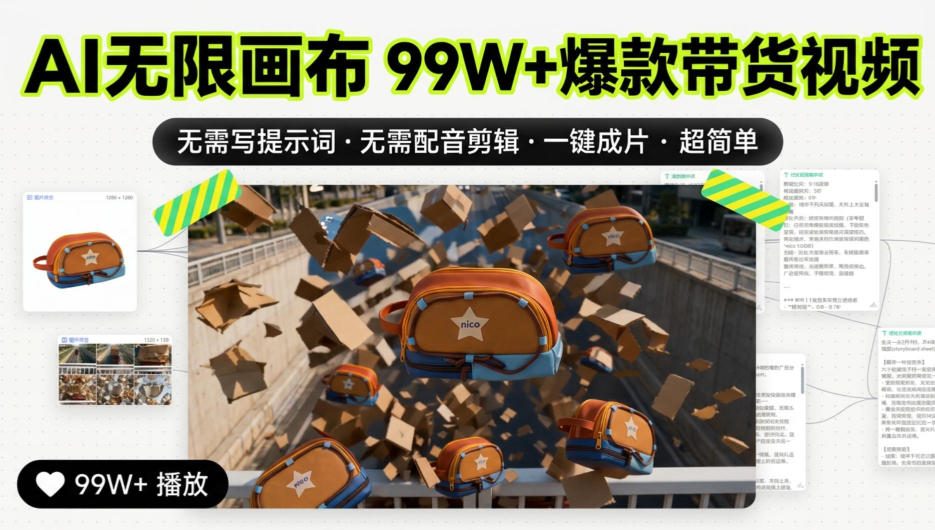 AI无限画布99W+爆款带货视频，无需写提示词·无需配音剪辑·一键成片·超简单-鑫梵淘