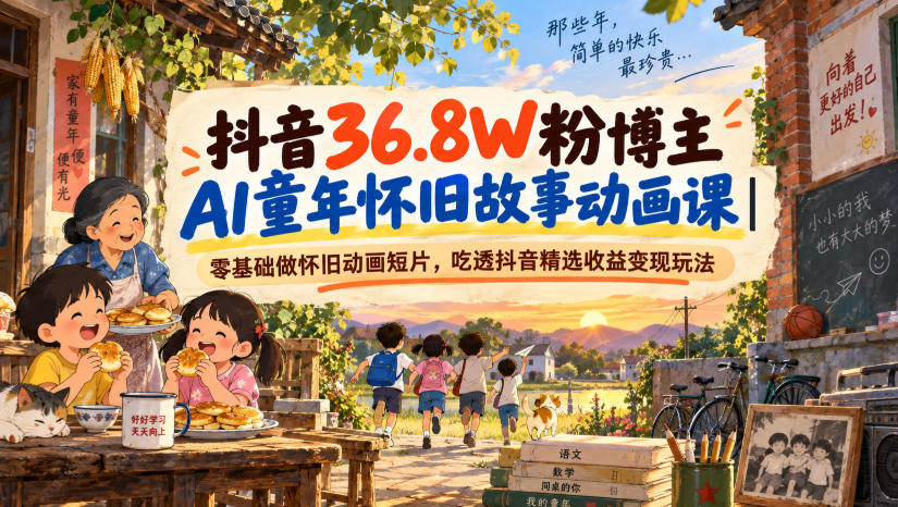 抖音36.8W粉博主AI童年怀旧故事动画课｜零基础做怀旧动画短片，吃透抖音精选收益变现玩法-鑫梵淘