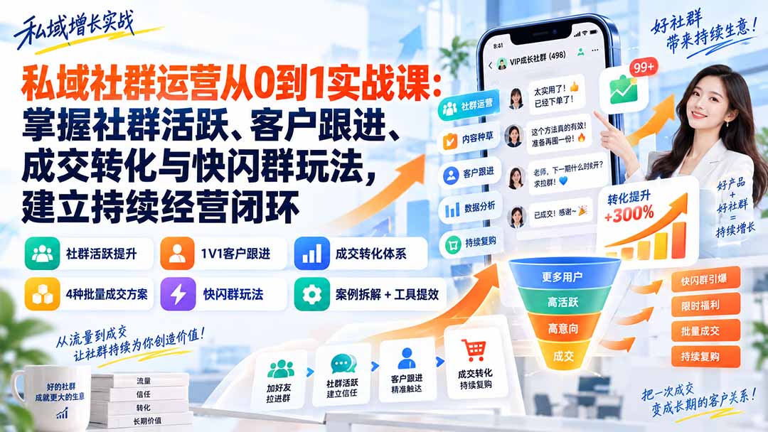 私域社群运营从0到1实战课：掌握社群活跃、客户跟进、成交转化与快闪群玩法，建立持续经营闭环-鑫梵淘
