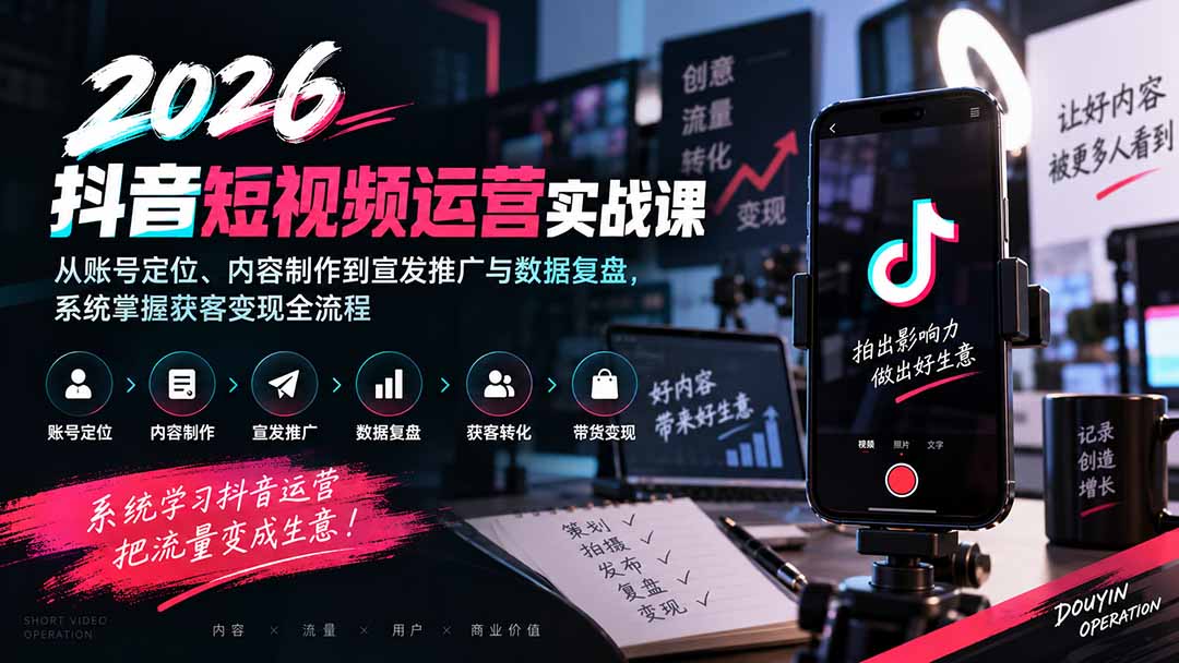 2026抖音短视频运营实战课：从账号定位、内容制作到宣发推广与数据复盘，系统掌握获客变现全流程-鑫梵淘