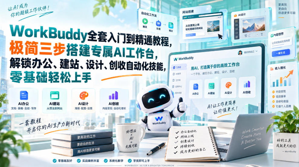 WorkBuddy全套入门到精通教程，极简三步搭建专属AI工作台，解锁办公、建站、设计、创收自动化技能，零基础轻松上手-鑫梵淘