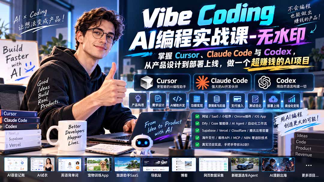 Vibe Coding AI编程实战课-无水印：掌握Cursor、Claude Code与Codex，从产品设计到部署上线，做一个超赚钱的AI项目-鑫梵淘