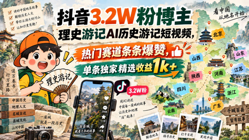 抖音3.2W粉博主理史游记AI历史游记短视频教学，热门赛道条条爆赞，单条独家精选收益1k+-鑫梵淘