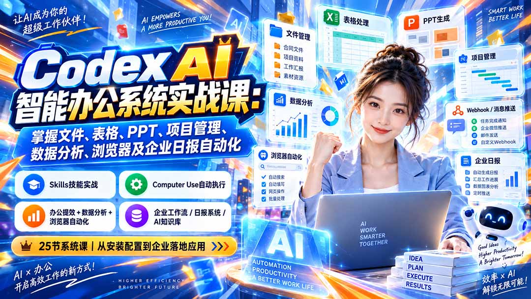 Codex AI智能办公系统实战课：掌握文件、表格、PPT、项目管理、数据分析、浏览器及企业日报自动化-鑫梵淘