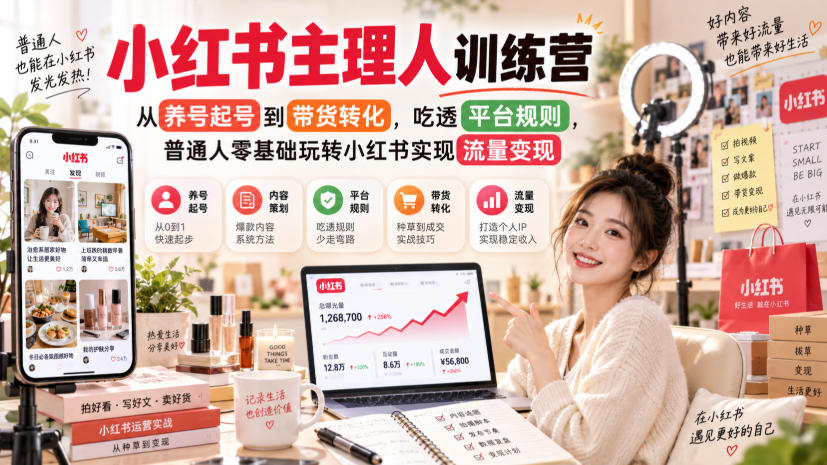 小红书主理人训练营，从养号起号到带货转化，吃透平台规则，普通人零基础玩转小红书实现流量变现-鑫梵淘