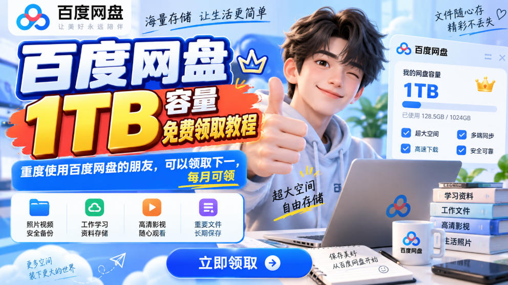 百度网盘1TB容量免费领取教程，重度使用百度网盘的朋友，可以领取下一，每月可领-鑫梵淘