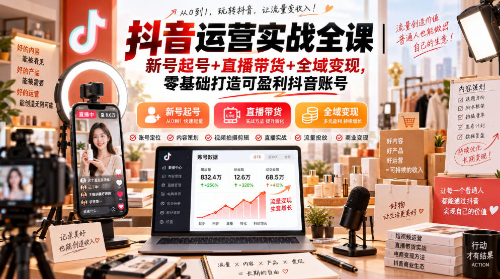 抖音运营实战全课｜新号起号+直播带货+全域变现，零基础打造可盈利抖音账号-鑫梵淘