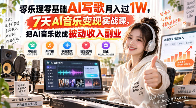 零乐理零基础AI写歌月入过1W，7天AI音乐变现实战课，把AI音乐做成被动收入副业-鑫梵淘