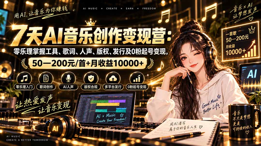 AI音乐创作变现营：零乐理掌握工具、歌词、人声、版权、发行及0粉起号变现，50—200元/首+月收益10000+-鑫梵淘