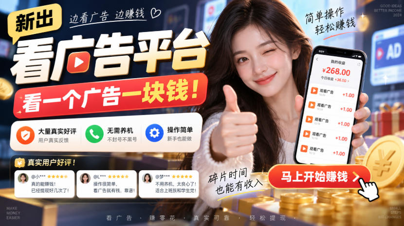 新出看广告平台，看一个广告一块钱，大量真实好评！无需养机、不会黑号，操作简单【揭秘】-鑫梵淘