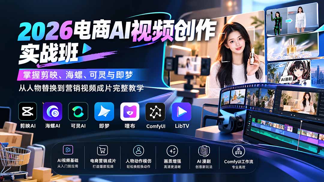 2026电商AI视频创作实战班：掌握剪映、海螺、可灵与即梦，从人物替换到营销视频成片完整教学-鑫梵淘