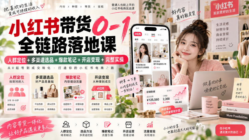小红书带货0-1全链路落地课｜人群定位+多渠道选品+爆款笔记+开店变现完整实操-鑫梵淘