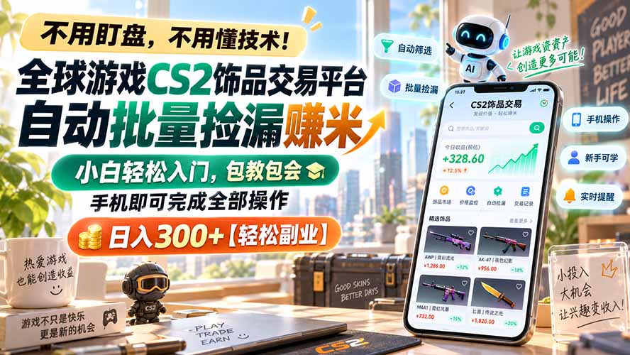 全球游戏CS2饰品交易平台自动批量捡漏赚米，小白轻松入门，包教包会，手机即可完成全部操作，日入300+【轻松副业】-鑫梵淘