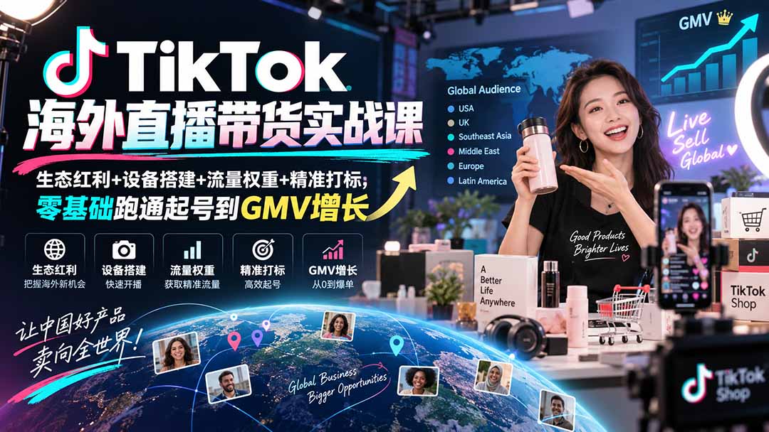 TikTok海外直播带货实战课｜生态红利+设备搭建+流量权重+精准打标，零基础跑通起号到GMV增长-鑫梵淘