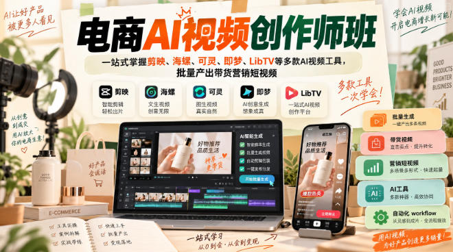 电商AI视频创作师班，一站式掌握剪映、海螺、可灵、即梦、LibTV等多款AI视频工具，批量产出带货营销短视频-鑫梵淘