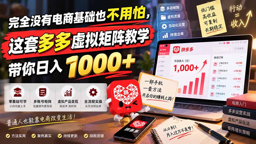 完全没有电商基础也不用怕，这套多多虚拟矩阵教学带你日入 1000+-鑫梵淘