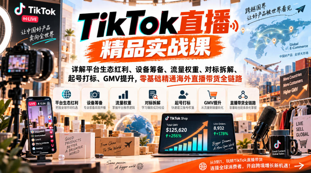 TikTok直播精品实战课，详解平台生态红利、设备筹备、流量权重、对标拆解、起号打标、GMV提升，零基础精通海外直播带货全链路-鑫梵淘