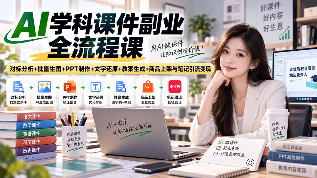 AI学科课件副业全流程课｜对标分析+批量生图+PPT制作+文字还原+教案生成+商品上架与笔记引流变现-鑫梵淘