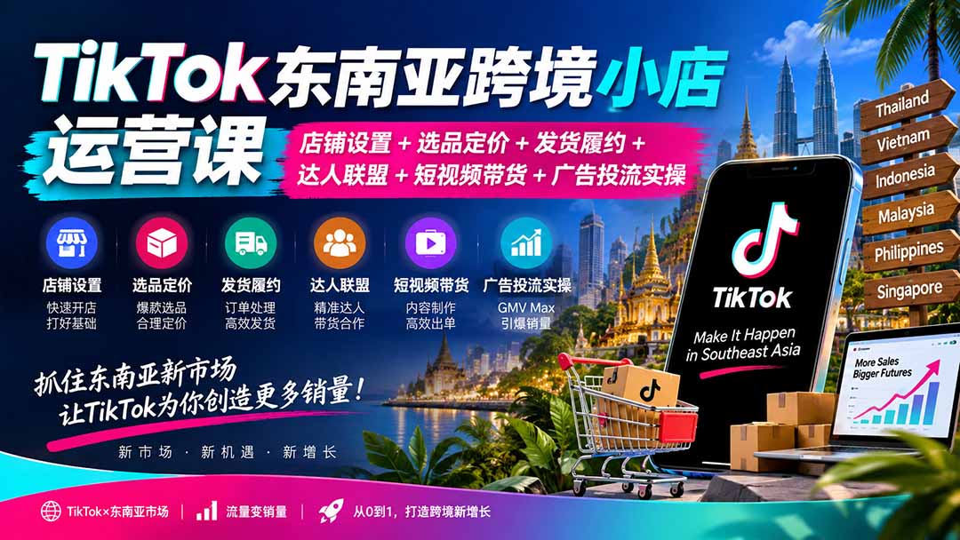 TikTok东南亚跨境小店运营课：店铺设置+选品定价+发货履约+达人联盟+短视频带货+广告投流实操-鑫梵淘