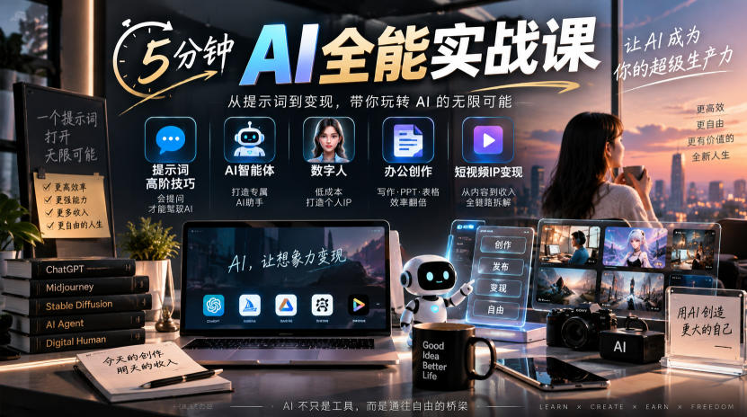 5分钟AI全能实战课｜提示词高阶技巧+AI智能体+数字人+办公创作+短视频IP变现全教程-鑫梵淘