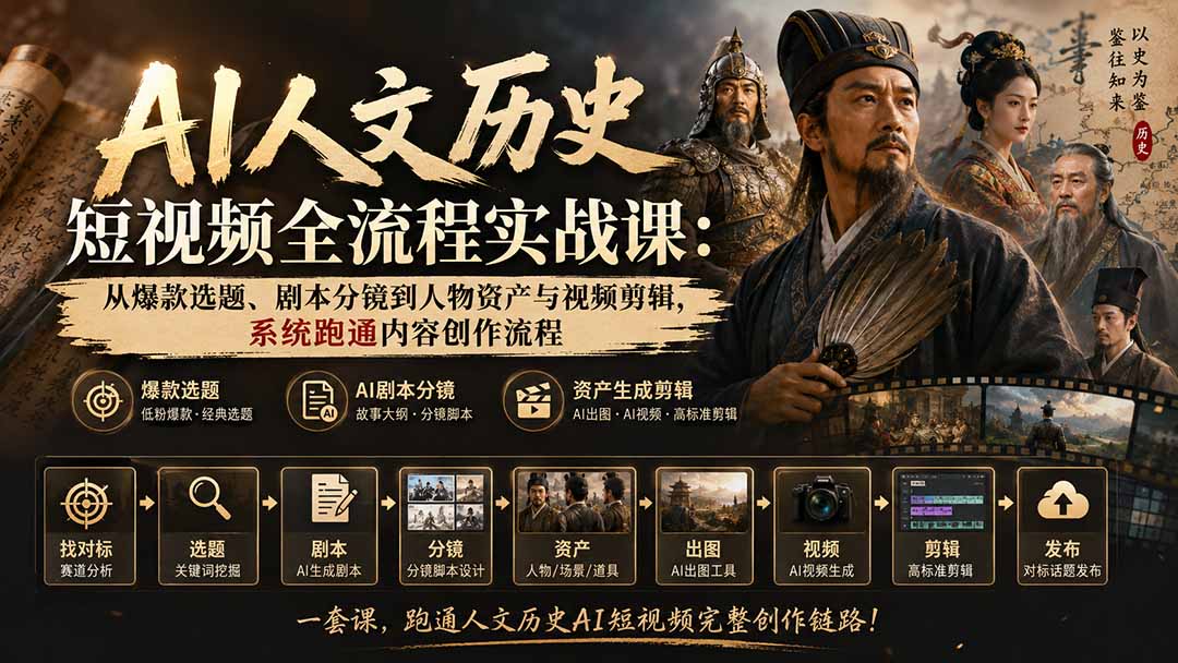 AI人文历史短视频全流程实战课-更新：从爆款选题、剧本分镜到人物资产与视频剪辑，系统跑通内容创作流程-鑫梵淘
