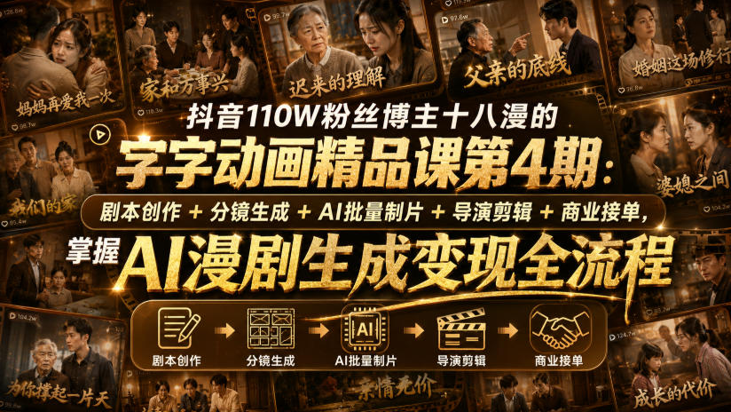 抖音110W粉丝博主十八漫的字字动画精品课第4期：剧本创作+分镜生成+剪辑+商业接单，掌握AI漫剧生成变现全流程(更新0916)-鑫梵淘