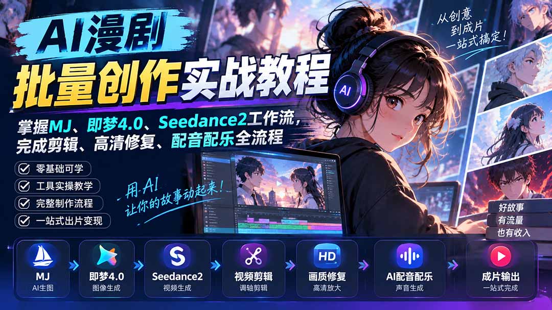 AI漫剧批量创作实战教程：掌握MJ、即梦4.0、Seedance2工作流，完成剪辑、高清修复、配音配乐全流程-鑫梵淘