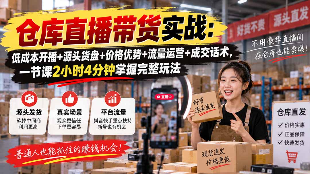 仓库直播带货实战：低成本开播+源头货盘+价格优势+流量运营+成交话术，一节课2小时4分钟掌握完整玩法-鑫梵淘