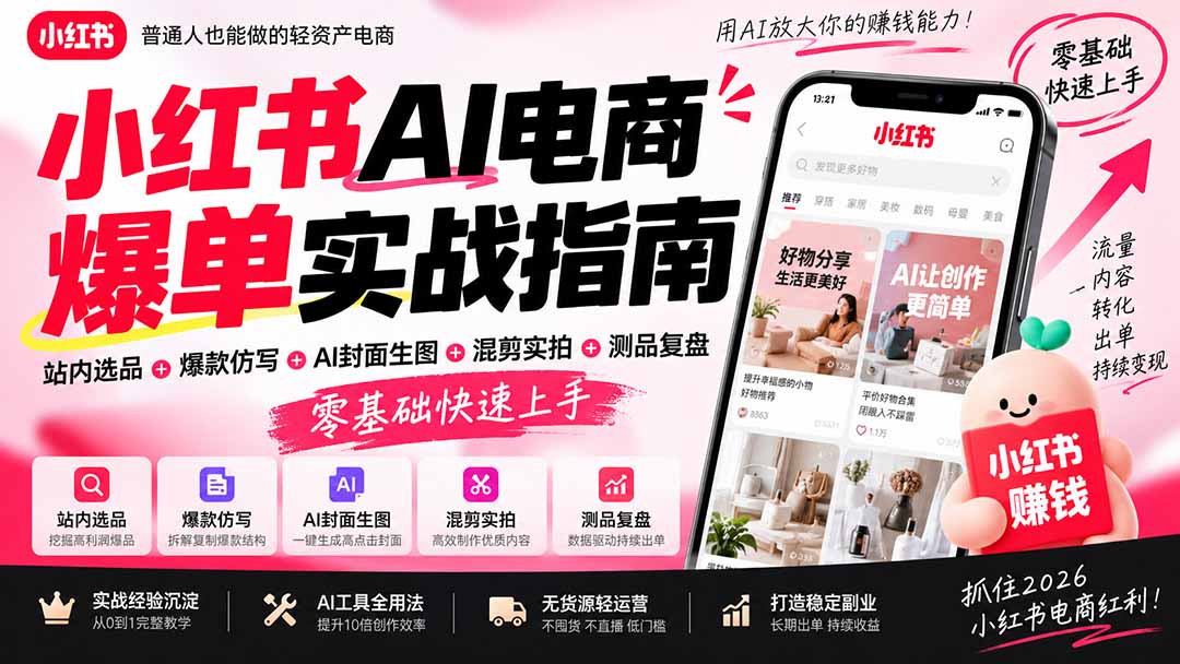 2026小红书AI电商爆单实战指南：站内选品+爆款仿写+AI封面生图+混剪实拍+测品复盘，零基础快速上手-鑫梵淘
