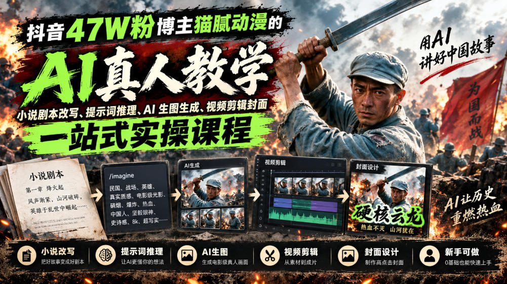 抖音47W粉博主猫腻动漫的AI真人漫剧教学，小说剧本改写、提示词推理、AI生图生成、视频剪辑封面一站式实操课程-鑫梵淘