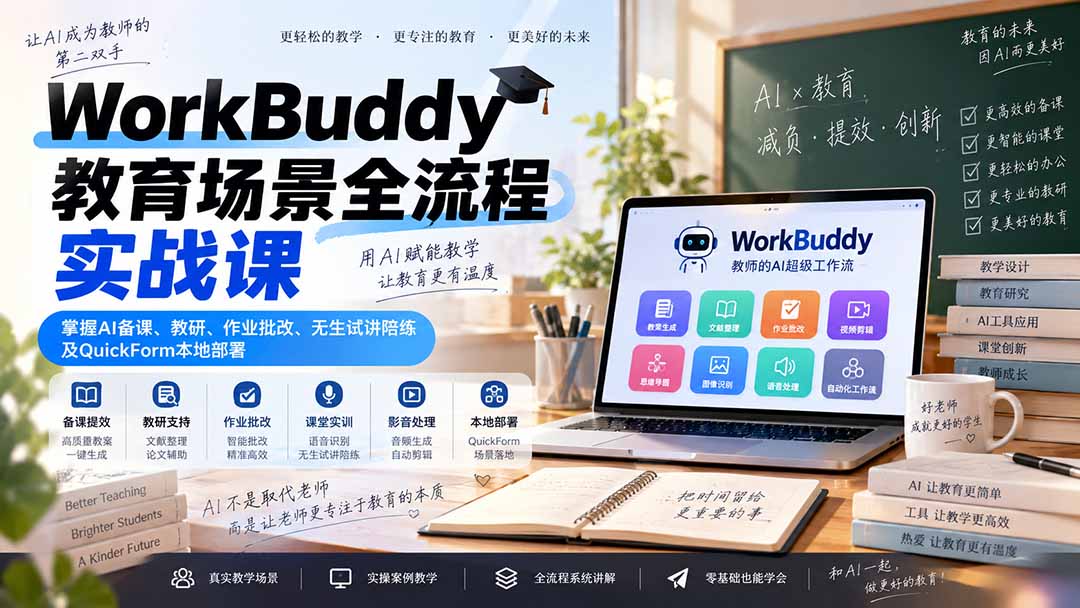 WorkBuddy教育场景全流程实战课：掌握AI备课、教研、作业批改、无生试讲陪练及QuickForm本地部署-鑫梵淘