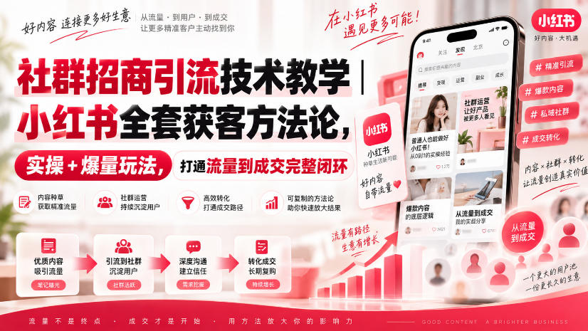 社群招商引流技术教学｜小红书全套获客方法论，实操+爆量玩法，打通流量到成交完整闭环-鑫梵淘