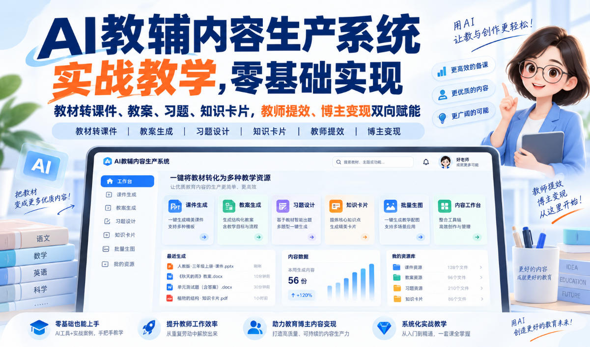 AI教辅内容生产系统实战教学，零基础实现教材转课件、教案、习题、知识卡片，教师提效、博主变现双向赋能-鑫梵淘