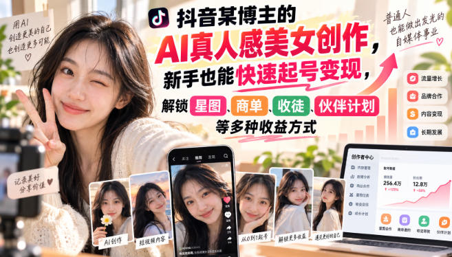抖音某博主的AI真人感美女创作，新手也能快速起号变现，解锁星图，商单，收徒，伙伴计划等多种收益方式-鑫梵淘