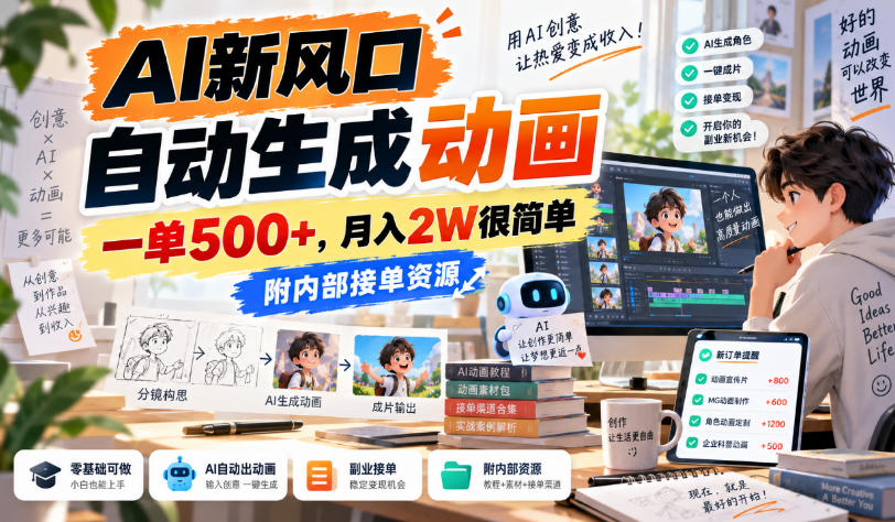 AI新风口，自动生成动画，一单500+，月入2W很简单，附内部接单资源【揭秘】-鑫梵淘