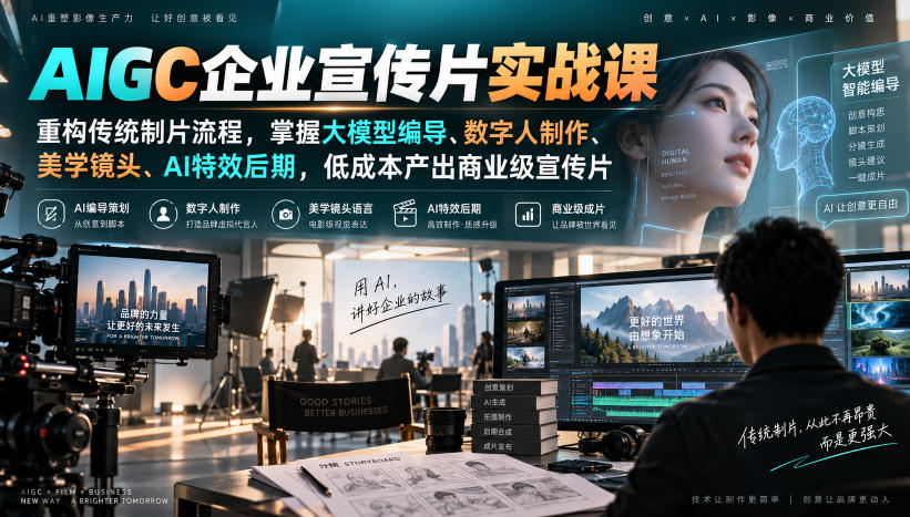 AIGC企业宣传片实战课，重构传统制片流程，掌握大模型编导、数字人制作、美学镜头、AI特效后期，低成本产出商业级宣传片-鑫梵淘