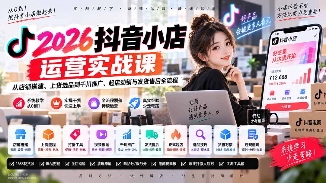 2026抖音小店运营实战课｜从店铺搭建、上货选品到千川推广、起店动销与发货售后全流程-鑫梵淘