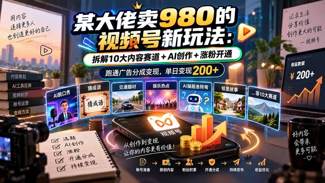 某大佬卖980的视频号新玩法：拆解10大内容赛道+AI创作+涨粉开通，跑通广告分成变现，单日变现200+-鑫梵淘